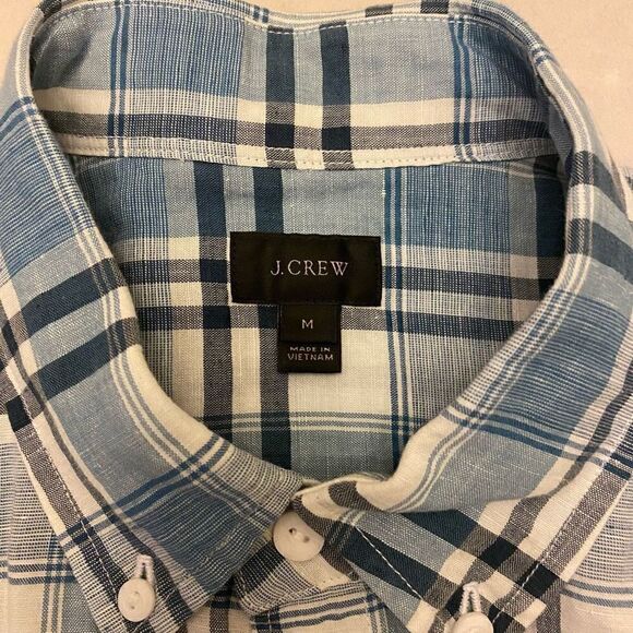 J. Crew Irish Linen Long Sleeve Blue Plaid Button Down Shirt - Picture 7 of 10